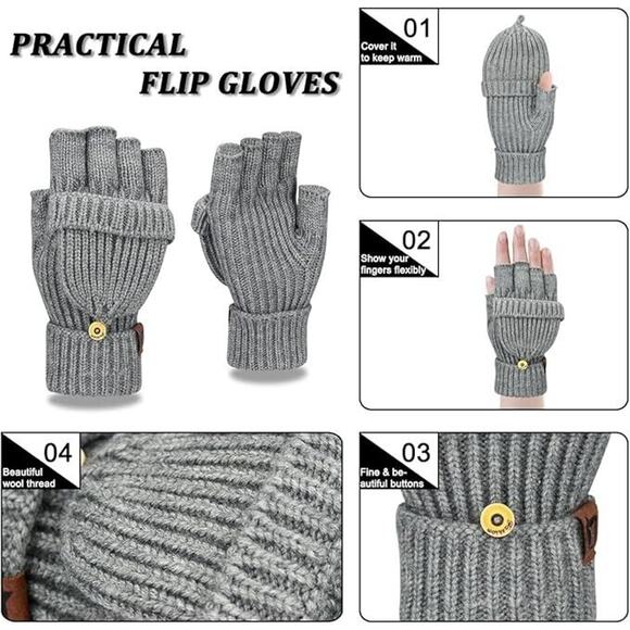 Women's Winter Fingerless Gloves Warm Flip Typing Gloves Knitted Convertible Glo - Picture 2 of 4